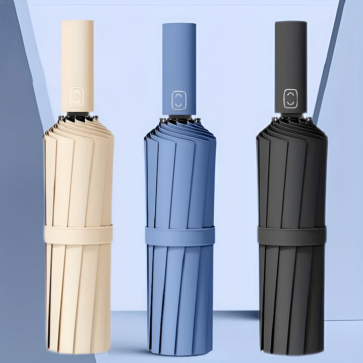 StormShield compact umbrella, automatic opening, provides robust rain & UV protection.