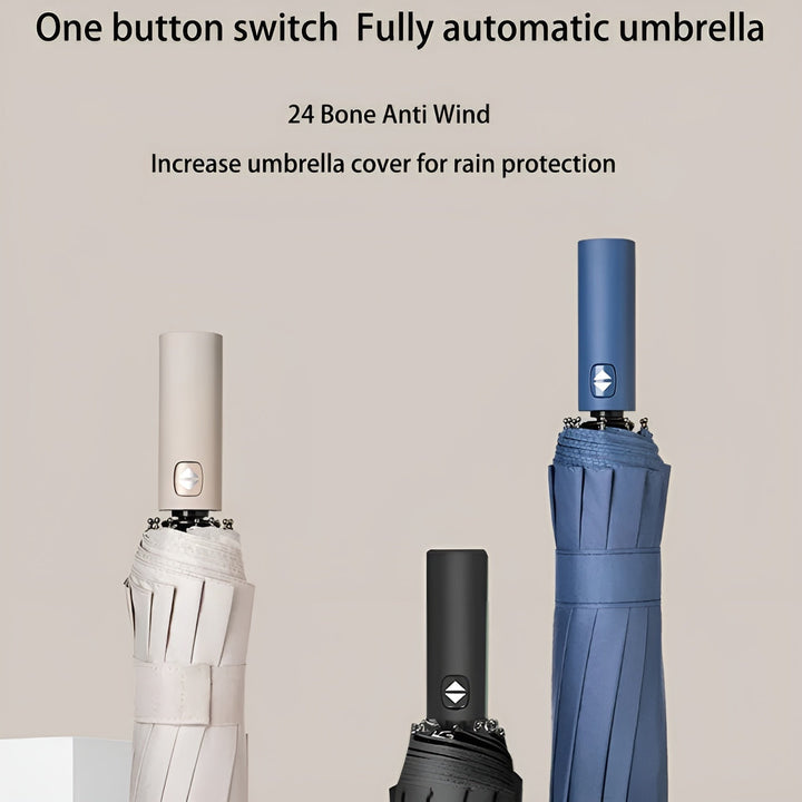 Automatic StormShield compact travel umbrella, quick open/close for convenience & weather resistance.