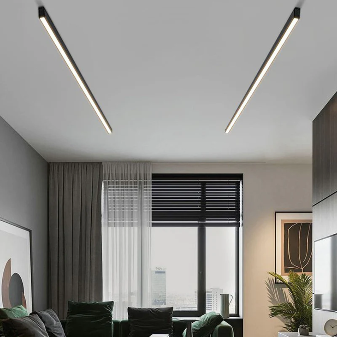 Stratum Industrial Linear LED ceiling light, metal fixture, modern interior lighting, energy efficient.