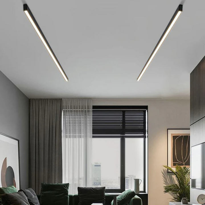 Stratum Industrial Linear LED ceiling light, metal fixture, modern interior lighting, energy efficient.