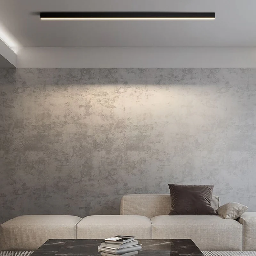 Dimmable Stratum Industrial LED linear ceiling light, sleek metal fixture, energy efficient home lighting.