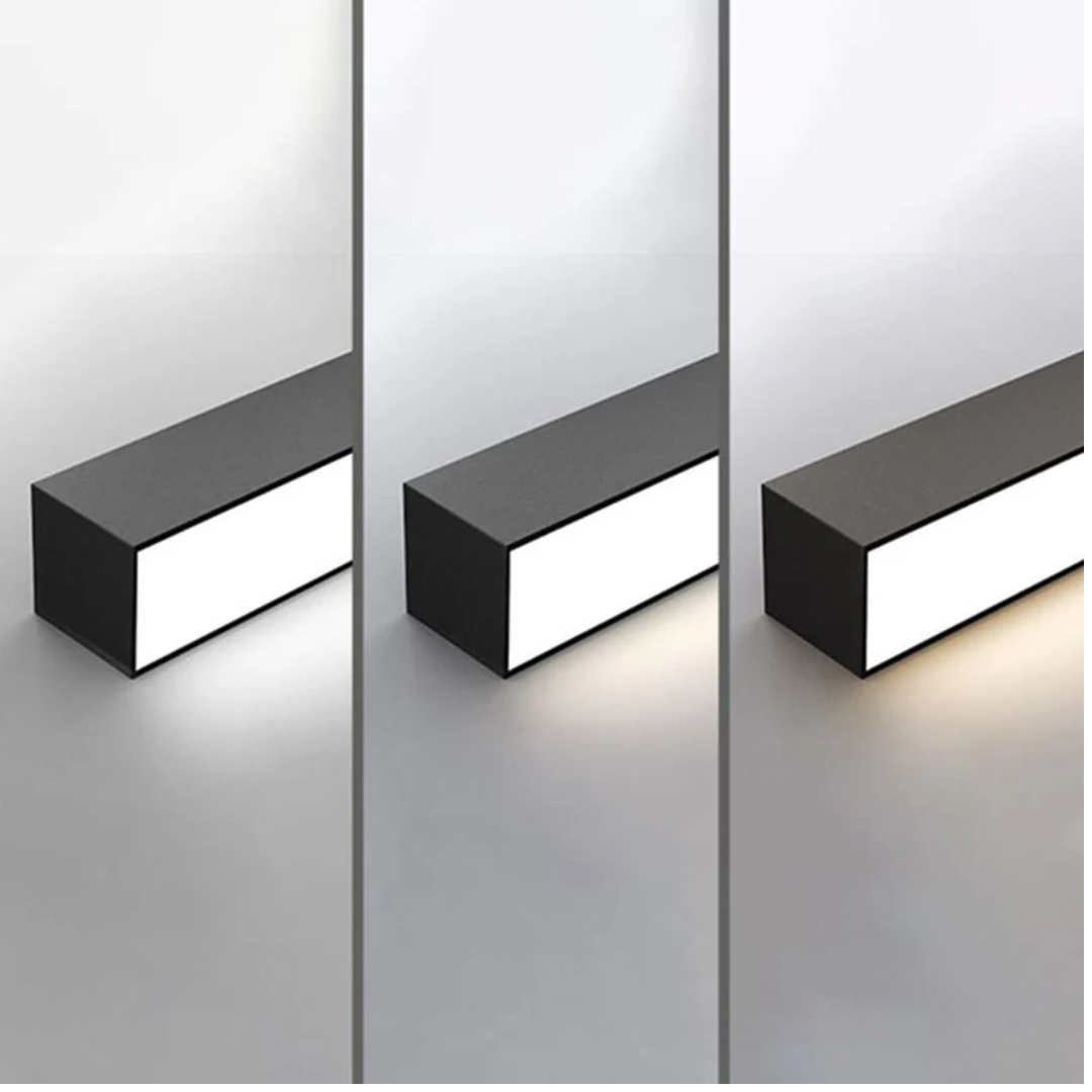 Energy-efficient industrial linear LED ceiling light, Stratum design, dimmable, modern appeal.