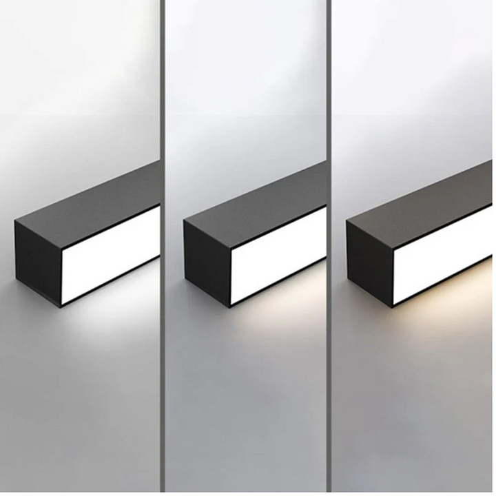 Energy-efficient industrial linear LED ceiling light, Stratum design, dimmable, modern appeal.