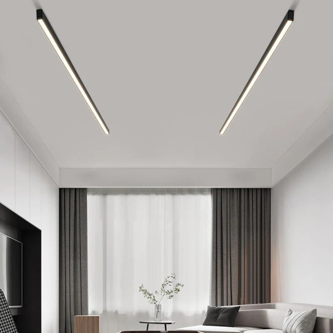 Sleek Stratum Industrial Linear LED ceiling light, black metal, modern & energy-saving.