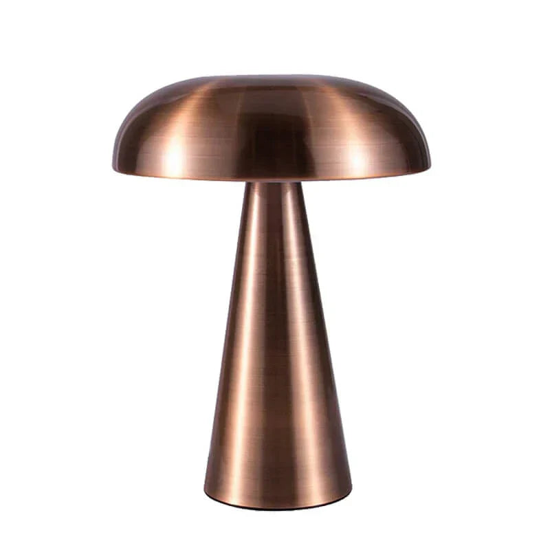 Rechargeable wireless LED table lamp, mushroom shape. Gold finish, portable, perfect for ambient lighting.