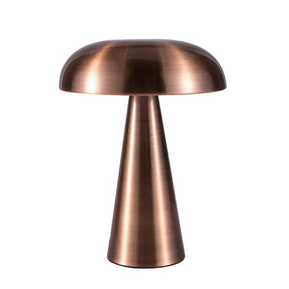 Rechargeable wireless LED table lamp, mushroom shape. Gold finish, portable, perfect for ambient lighting.