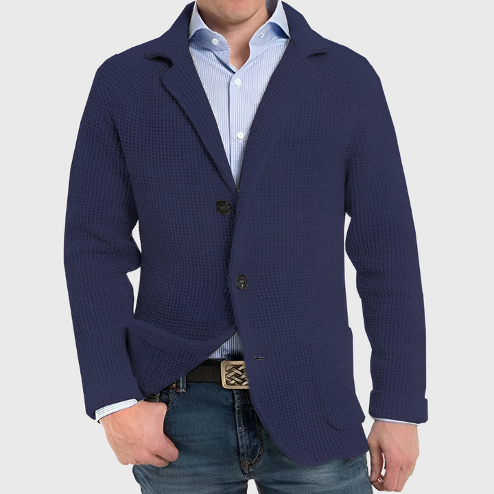 Stylish men's button-front knit cardigan blazer, perfect for casual layering over shirts and tees.