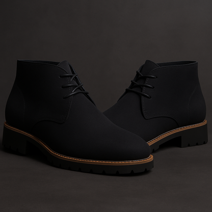 Detail shot of men's classic chukka boots, highlighting quality craftsmanship, comfort, and versatile fashion.