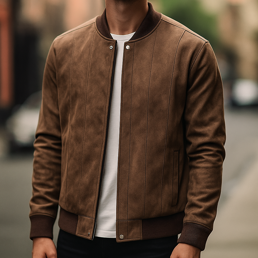 Stylish men's coffee brown bomber jacket for versatile fall & winter fashion.