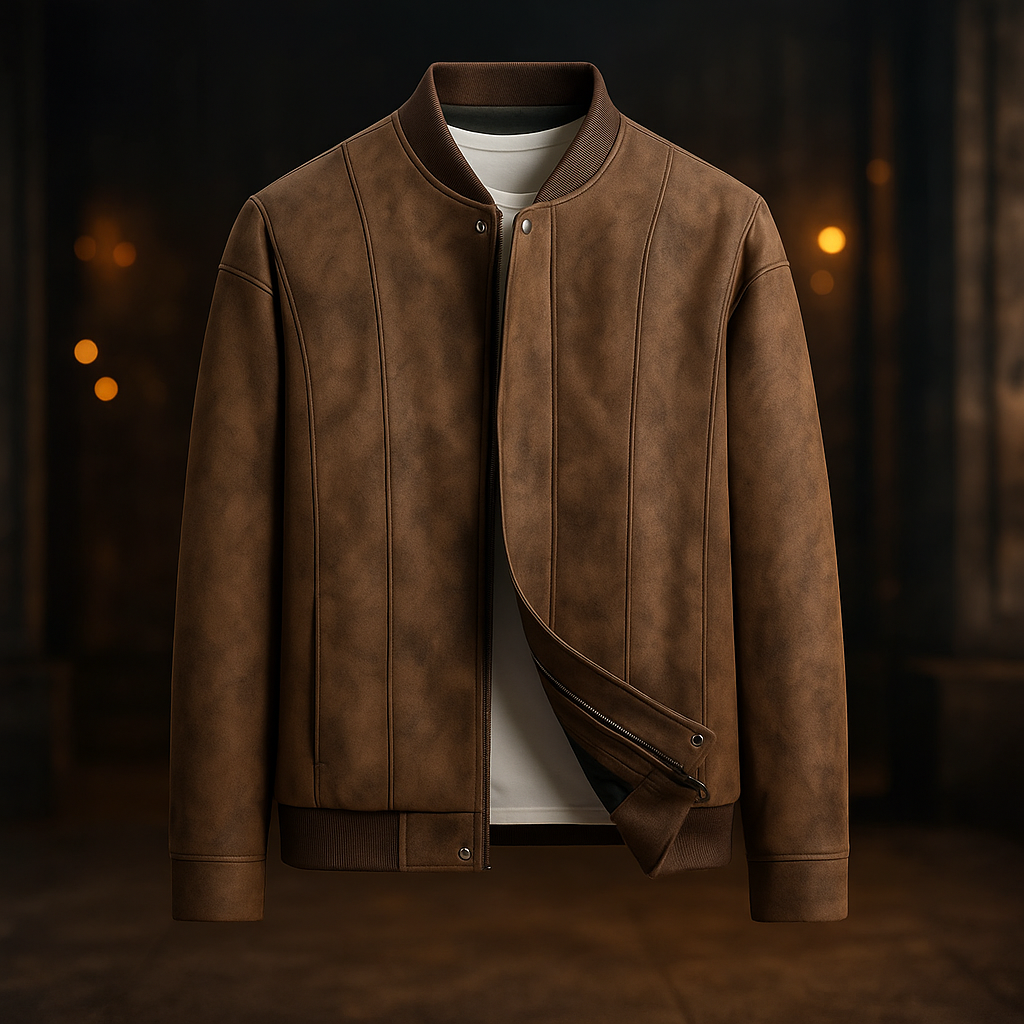 Sleek coffee brown men's bomber jacket, perfect outerwear for stylish fall fashion.