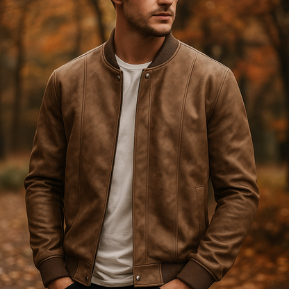 Comfortable men's coffee brown bomber jacket, sleek & classic for versatile layering.