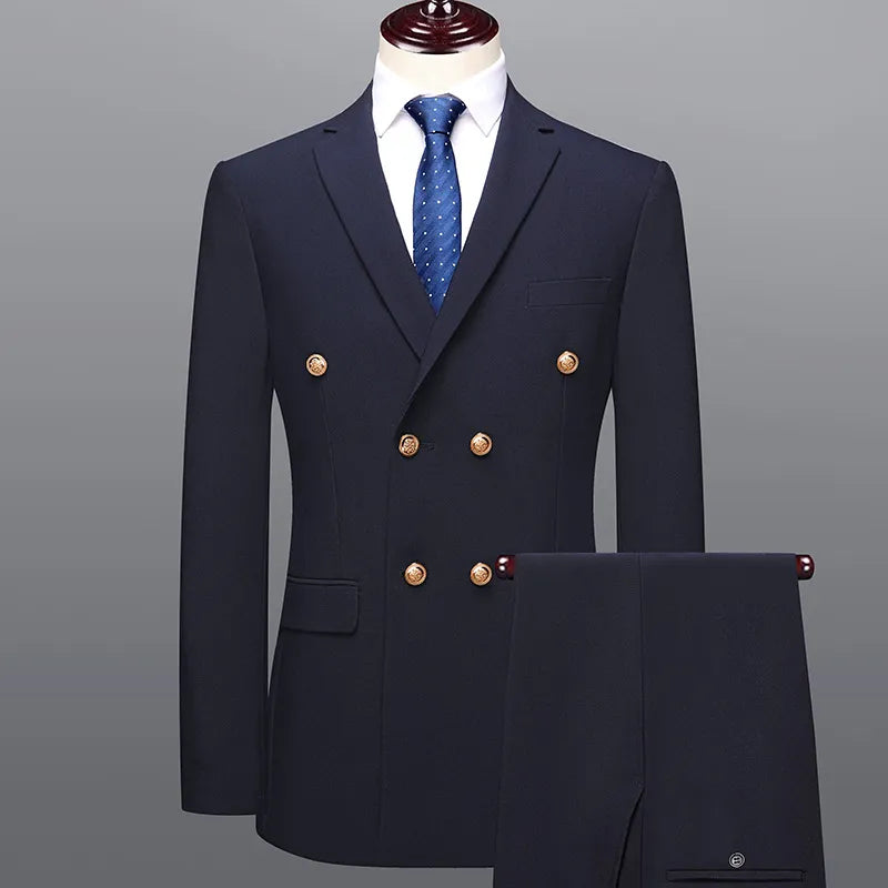 Stylish men's dark blue double-breasted suit, slim fit. Perfect formal wear for weddings, business, or special events.