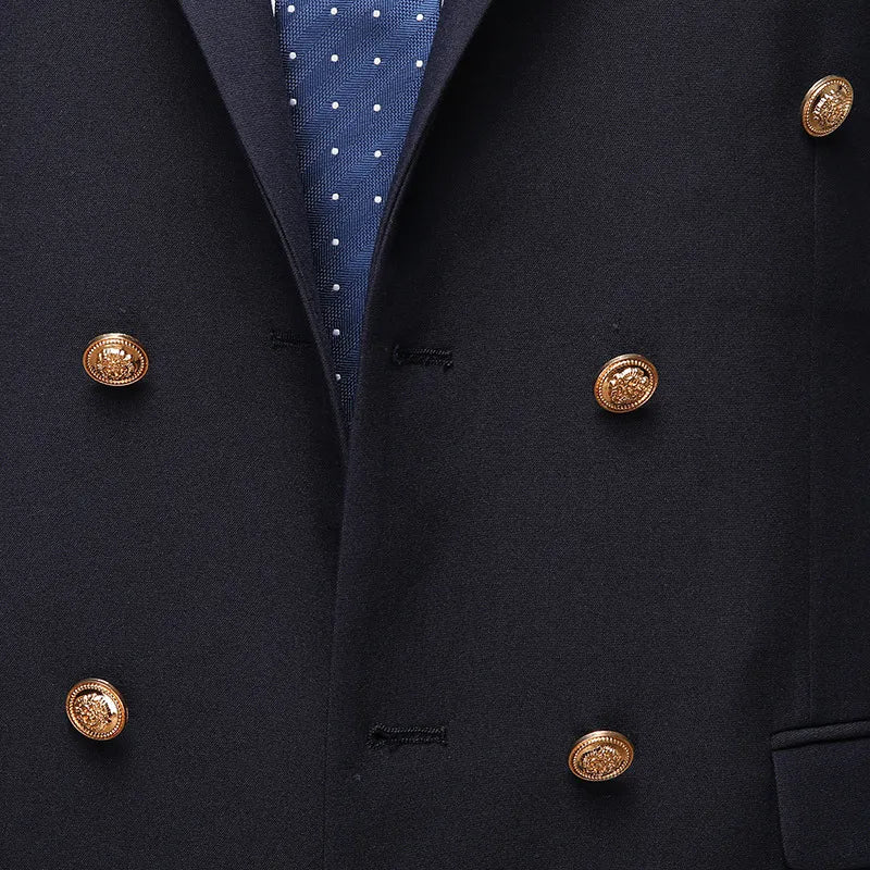 Slim fit men's dark blue double-breasted suit. Elegant formal wear, ideal for weddings, business, and events.