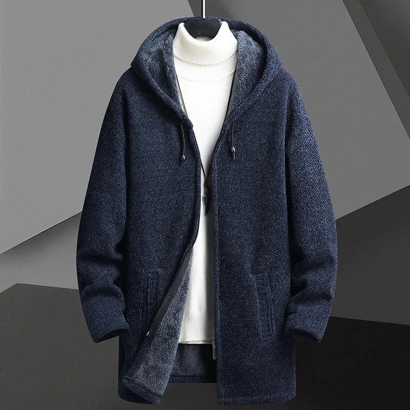 Modern men's hooded overcoat, comfortable & stylish outerwear for cold weather layering.