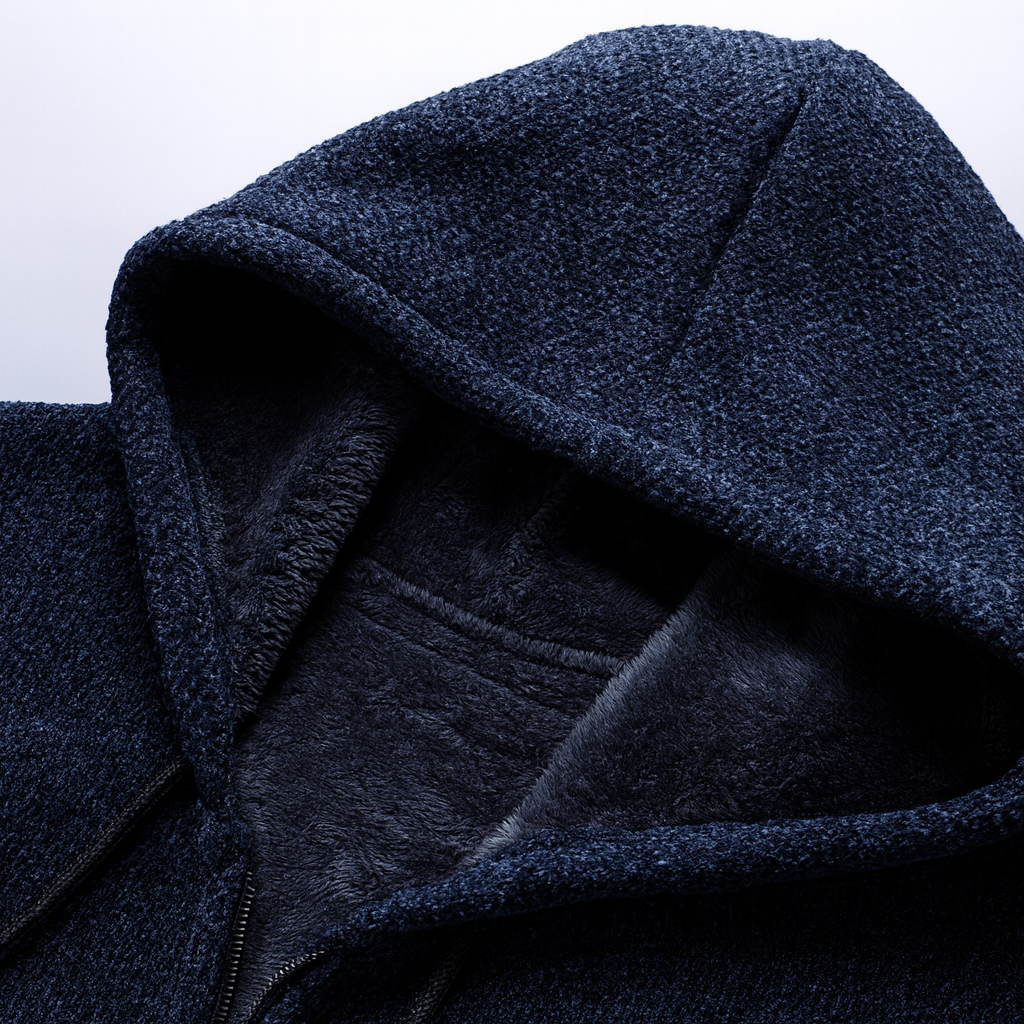 Contemporary men's hooded overcoat, providing warmth & modern style for fall & winter.