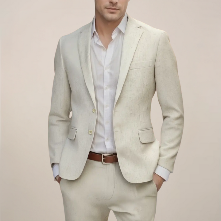 Men's versatile cream summer suit, lightweight, tailored fit, perfect for smart casual & formal occasions.