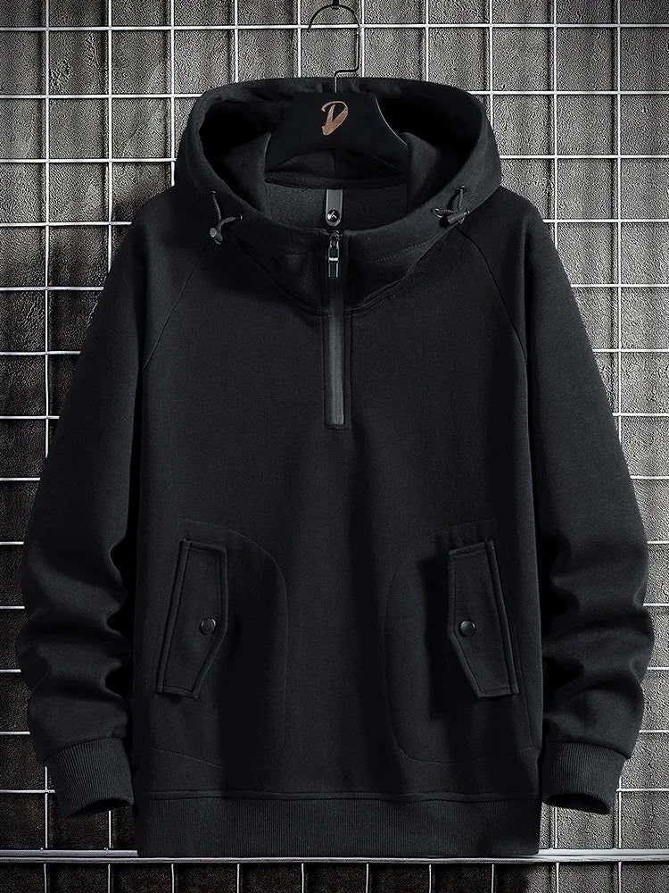 Comfortable men's quarter-zip hoodie, perfect for versatile layering and stylish casual everyday outerwear.