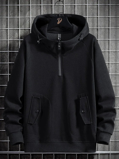 Comfortable men's quarter-zip hoodie, perfect for versatile layering and stylish casual everyday outerwear.