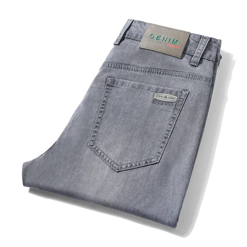 Blue straight fit men's denim jeans, a comfortable and stylish choice for casual men's fashion.