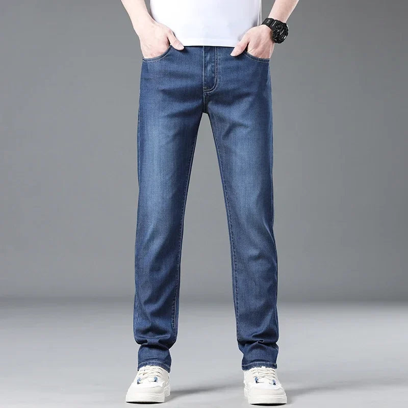 Classic straight fit men's blue denim jeans, offering an effortless look & comfortable feel.