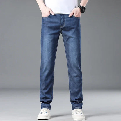 Classic straight fit men's blue denim jeans, offering an effortless look & comfortable feel.