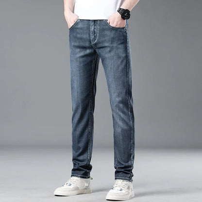 Fashionable men's straight fit jeans in a classic blue wash, enhancing any casual outfit.