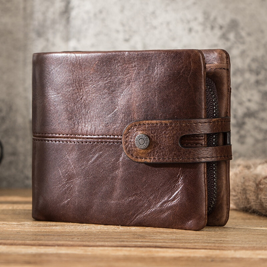 Stylish men's vintage cowhide leather wallet with secure coin purse, durable design, perfect men's accessory.
