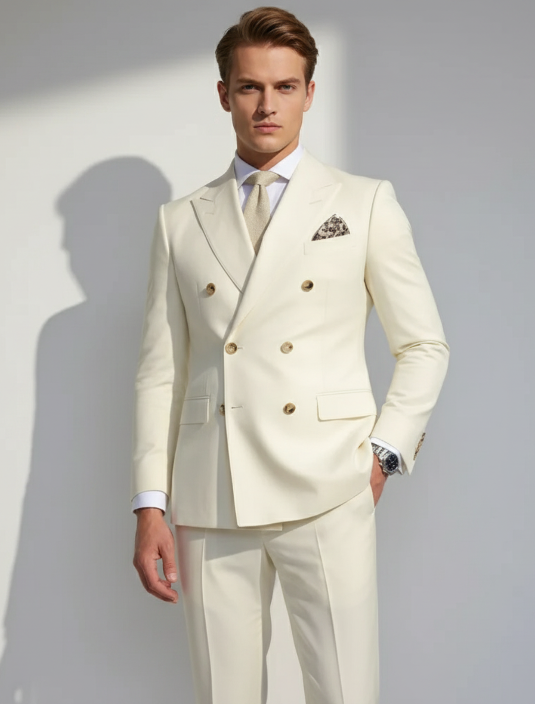 Stylish men's white two-piece suit with elegant gold accents, perfect for formal occasions, weddings, or parties.