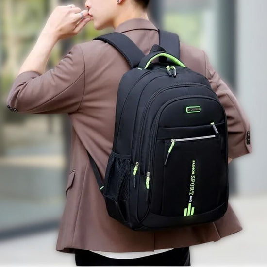 Close-up of waterproof fabric & sleek design on a women's multi-compartment commuter backpack.