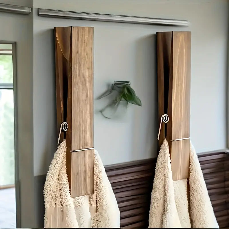 Stylish oversized solid wood towel clamp, perfect for modern bathroom storage and home decor.