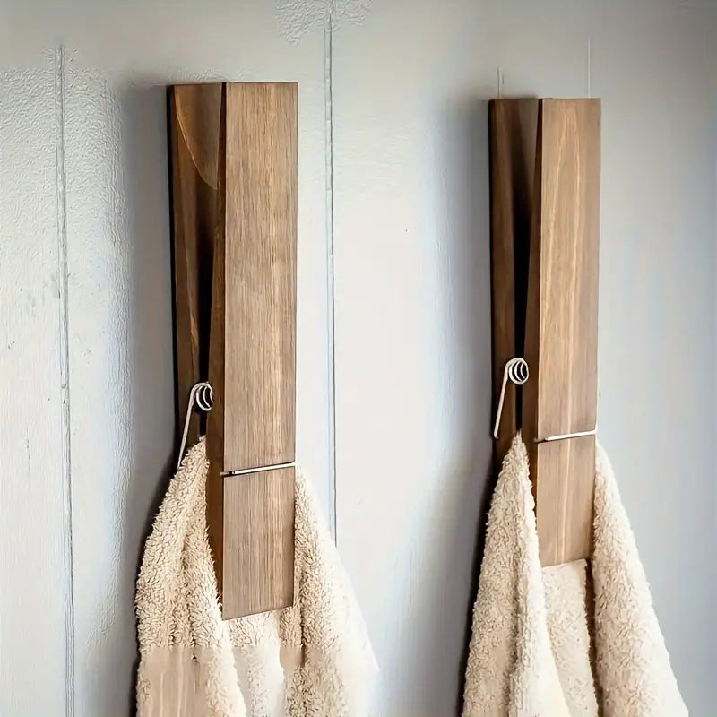 Decorative wooden wall hook for towels, an oversized solution for kitchen organization or entryway.