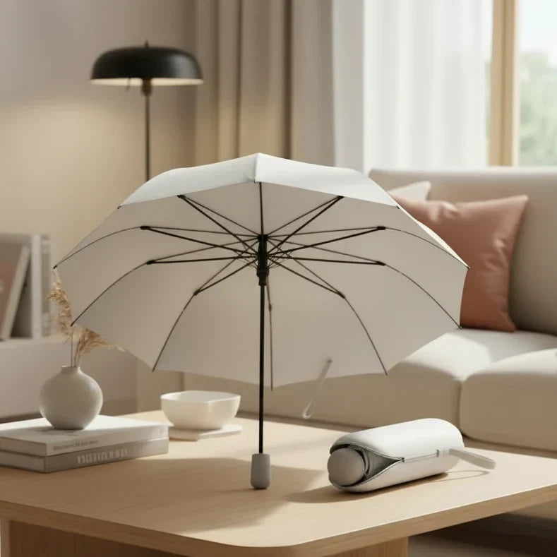 Stylish unisex black compact travel umbrella for portable rain protection and daily use.