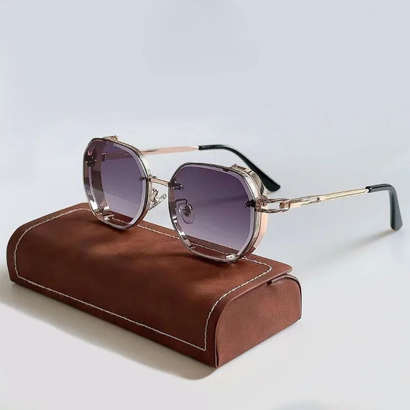 Close-up of trendy geometric sunglasses with dark UV400 protective lenses and sleek, lightweight unisex frames.
