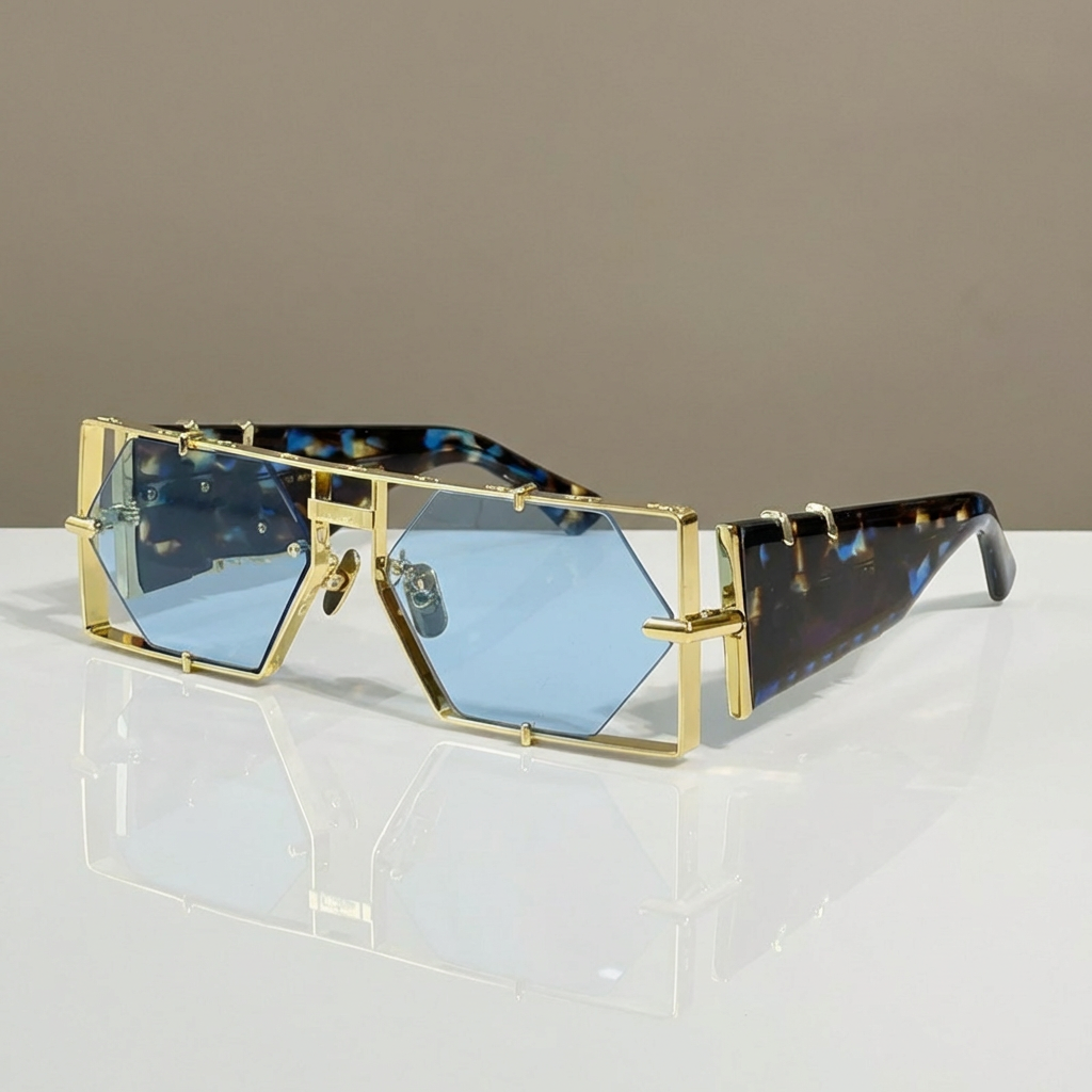 Tea-colored lens hexagon sunglasses, providing UV400 protection. Unisex, modern, and stylish fashion eyewear.