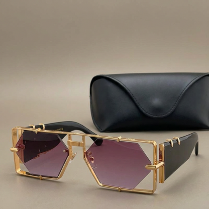 Gold green lens hexagon sunglasses, offering full UV400 protection. Durable alloy frames & unisex appeal.