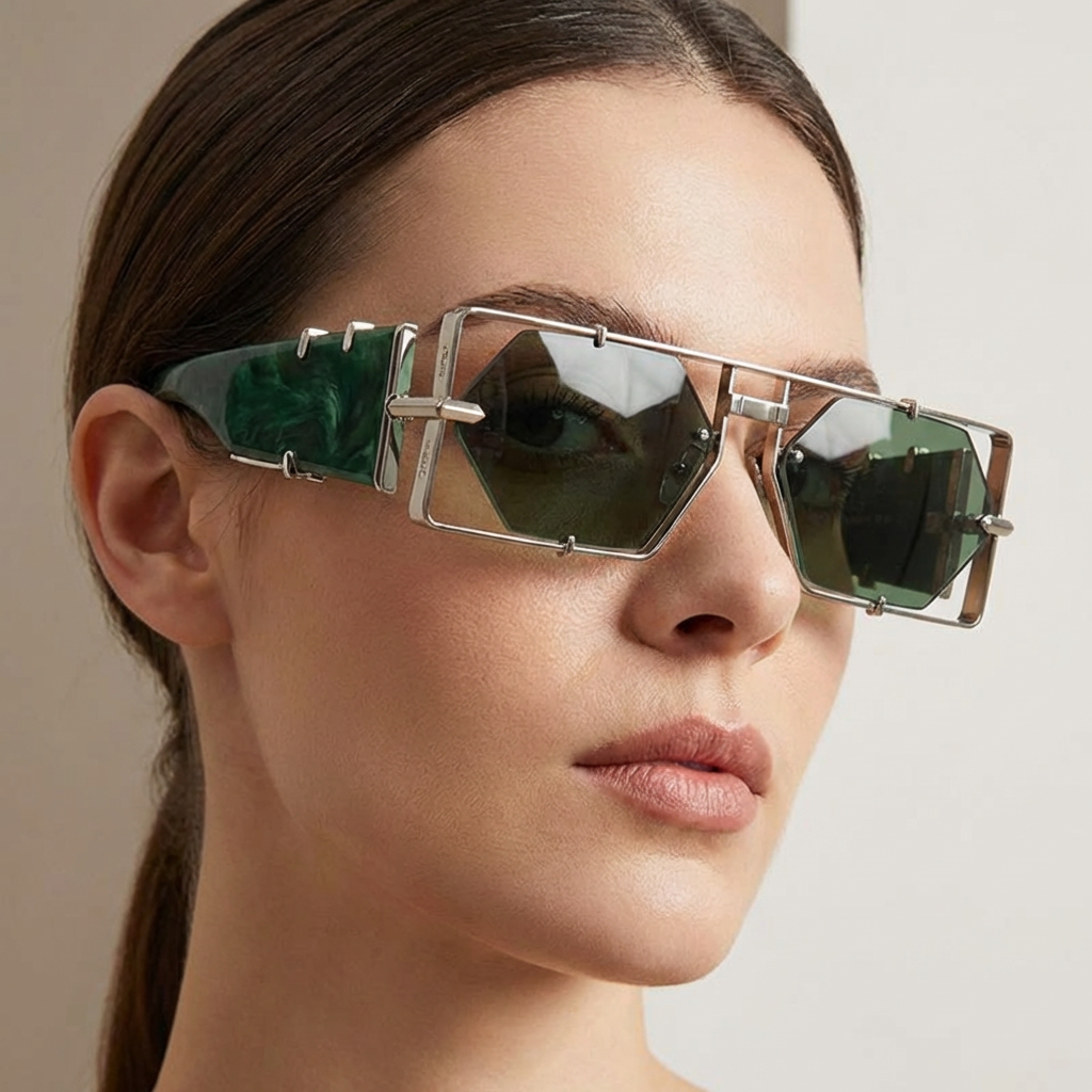 Light blue lens hexagon sunglasses with UV400 protection. Stylish unisex eyewear, perfect for modern fashion.