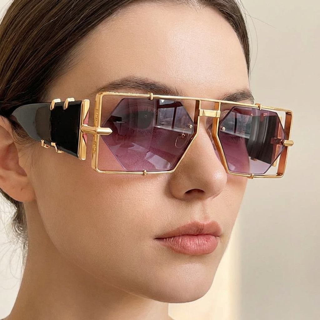 Purple lens hexagon sunglasses, ensuring UV400 protection. Trendy unisex design, a modern fashion accessory.