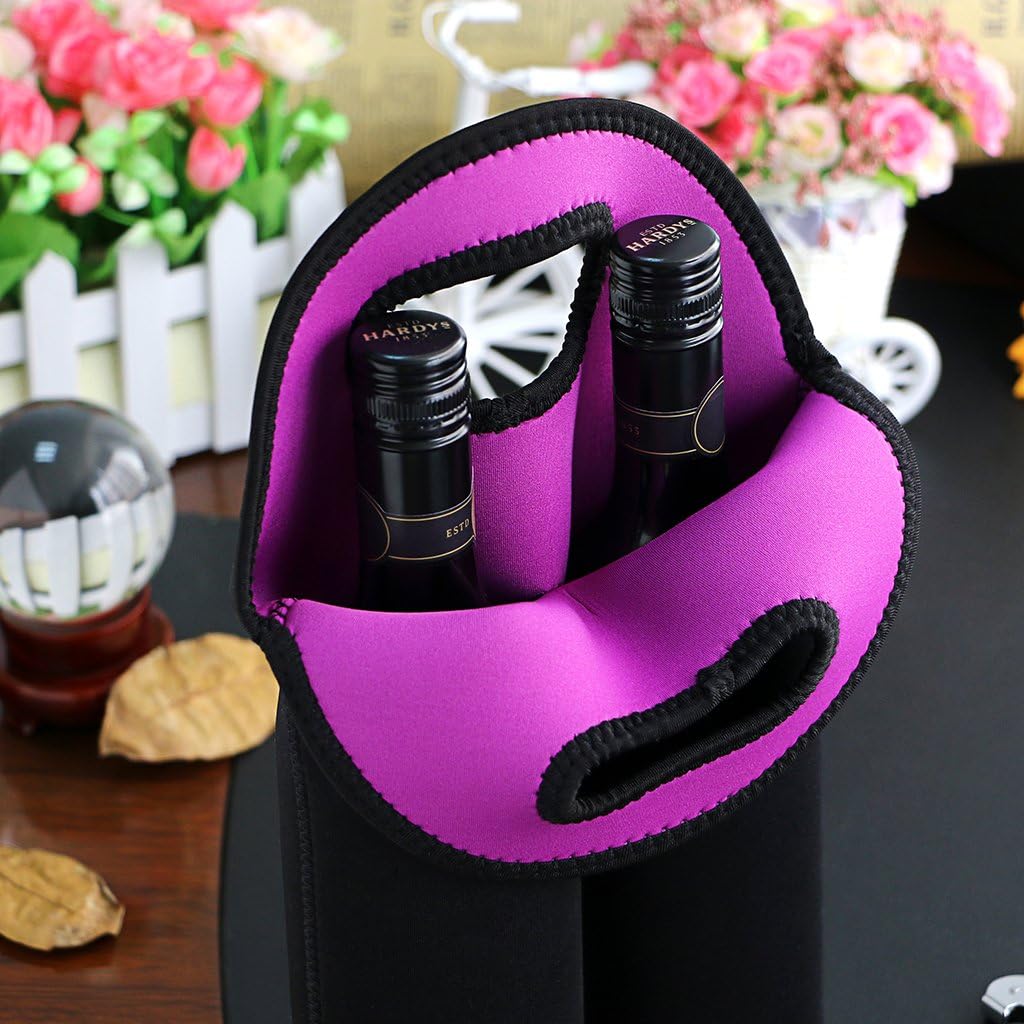 Durable neoprene wine cooler tote, keeps two bottles chilled for outdoor events & gifts.