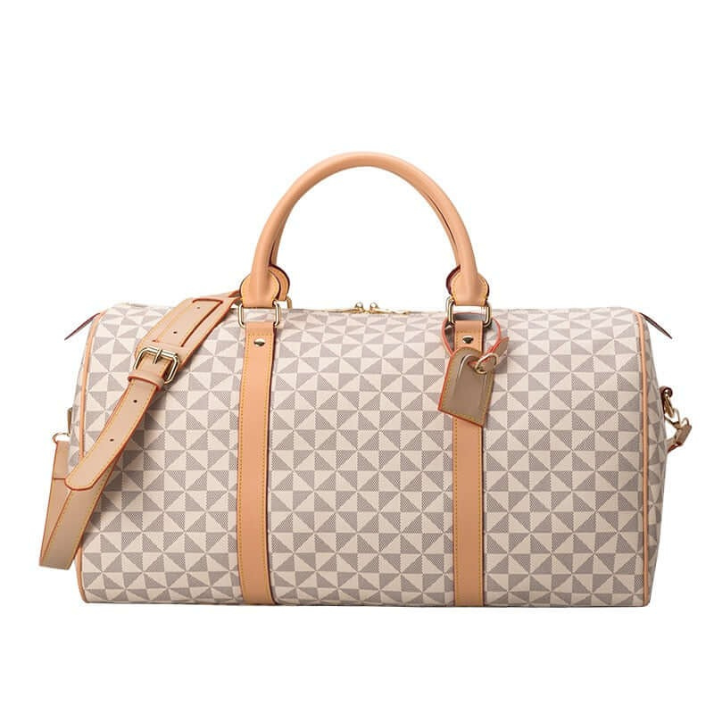 Beige unisex duffle bag, a stylish carry-on travel bag or gym bag. Versatile & premium for weekend trips.
