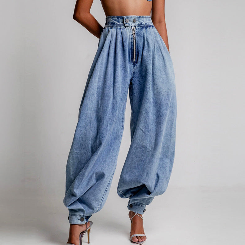 Stylish Women's Amara high waist tapered denim jeans with a balloon leg, perfect for modern casual wear.