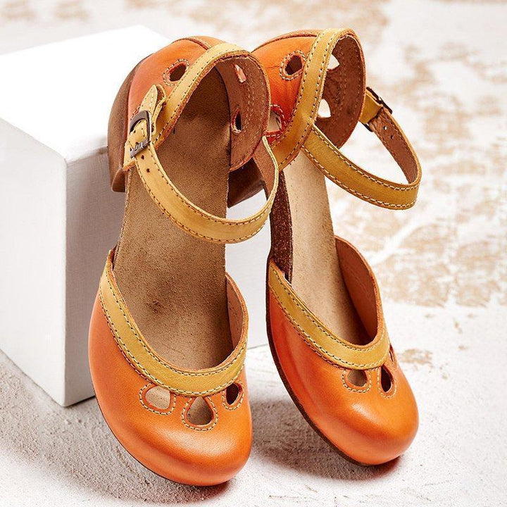Tan women's open-toe sandals with a fashionable block heel, adjustable ankle strap, great for summer footwear.