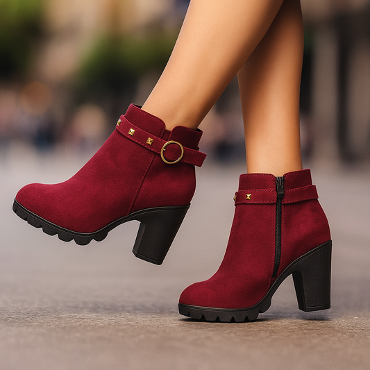 Stylish women's black studded ankle boots with a sturdy block heel, perfect for fall & winter fashion.