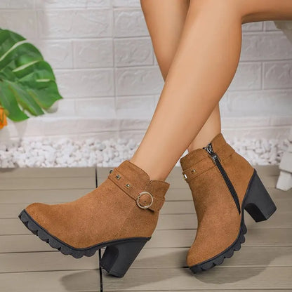 Versatile women's studded block heel boots, adding an edgy touch to your fall & winter wardrobe.