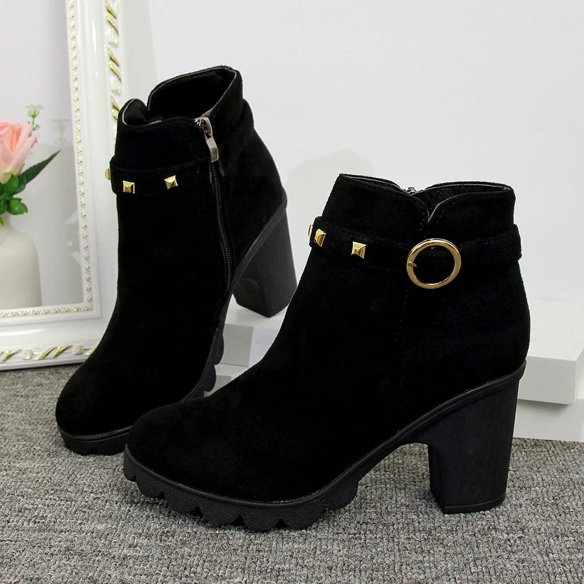 Black women's studded block heel ankle boots, great for all-day wear & stylish fall fashion trends.