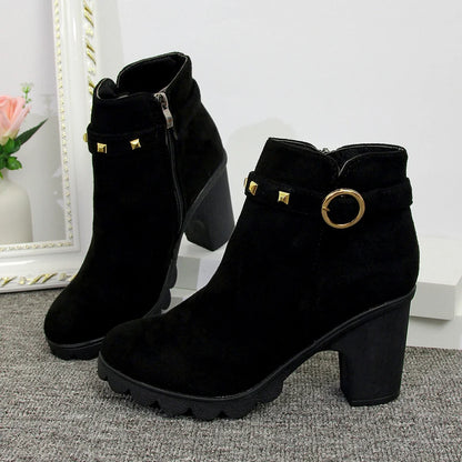Black women's studded block heel ankle boots, great for all-day wear & stylish fall fashion trends.