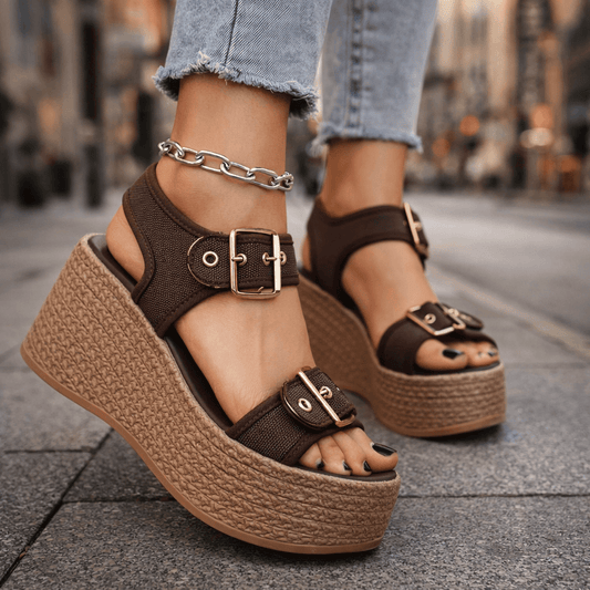Stylish women's buckle wedge sandals with open toe for summer fashion & comfort.