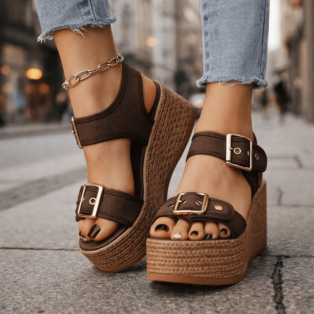 Comfortable women's wedge sandals with adjustable buckles & platform sole, perfect for summer.