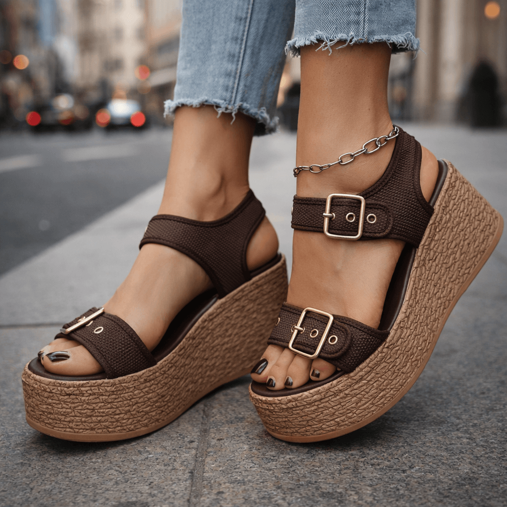 Fashionable women's open-toe buckle wedge sandals, ideal casual summer footwear.
