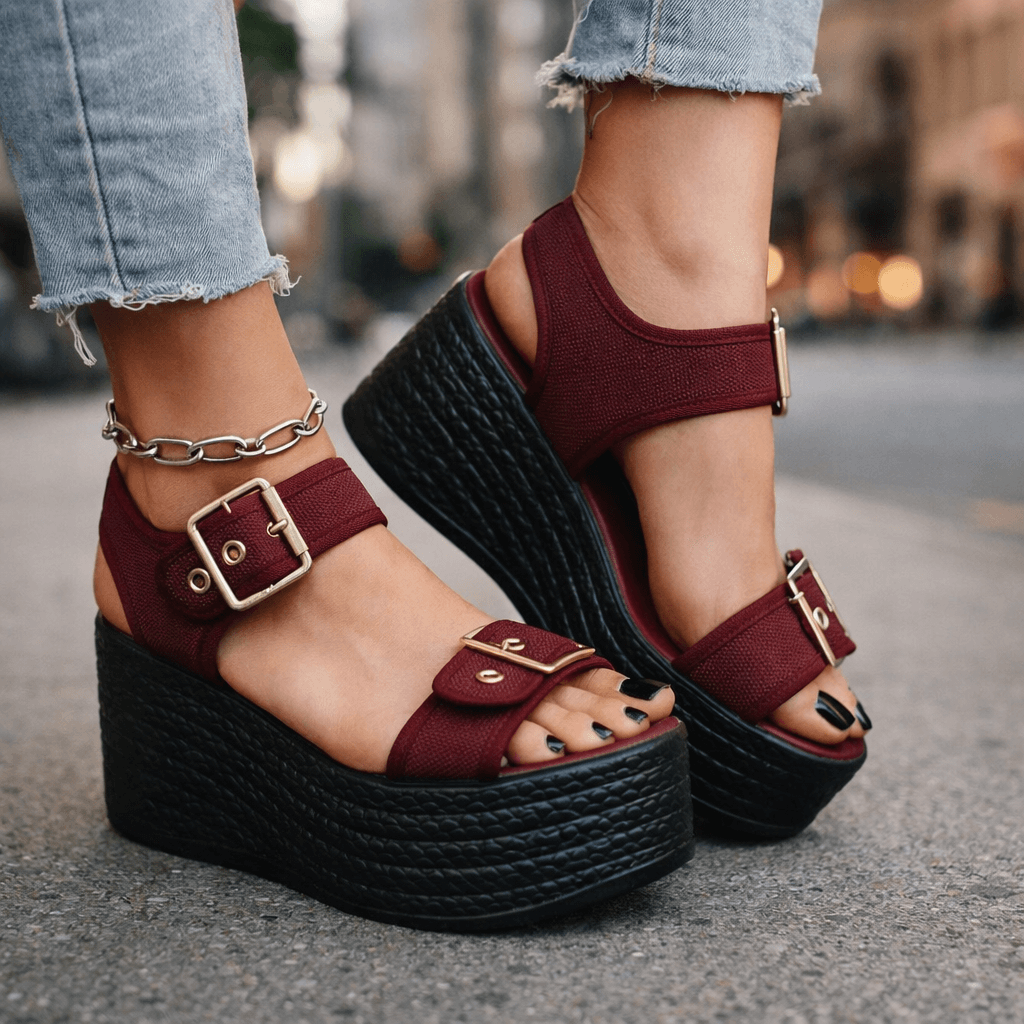 Women's chic buckle wedge sandals featuring comfortable open-toe design & supportive platform.