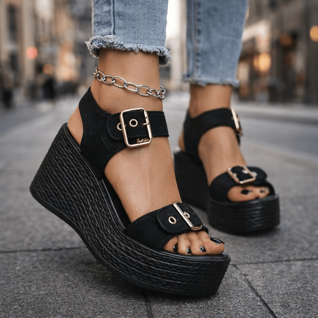 Open-toe women's platform wedge sandals with stylish buckles, perfect for comfortable summer fashion.